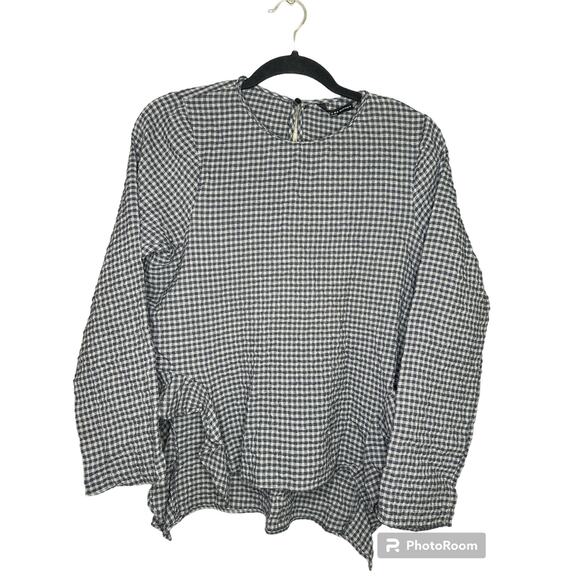 Zara Gingham Long Sleeve Grey Black Gingham Print Ruffle Hi Lo Blouse Size XS - Picture 1 of 6
